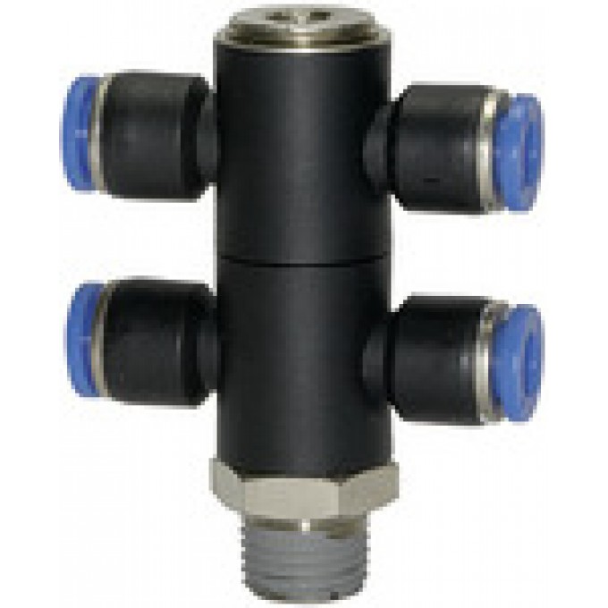 RIEGLER 135714 T-образный мультираспределитель, серия Blue, 4-ступенчатый, вращающийся, R 1/4 вн. 174.014-4 420541